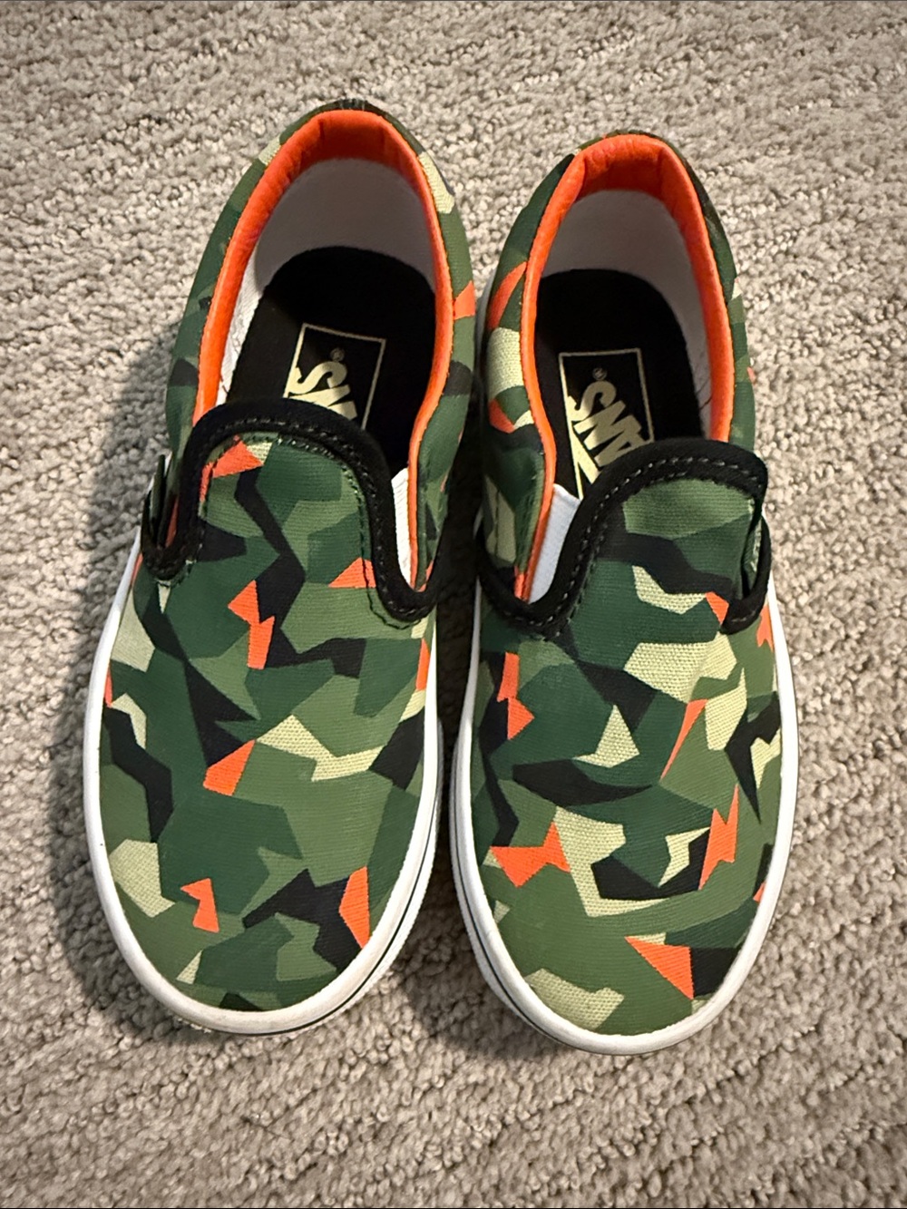 Vans Kids Green Camo Slip-On Sneakers with Orange Accents